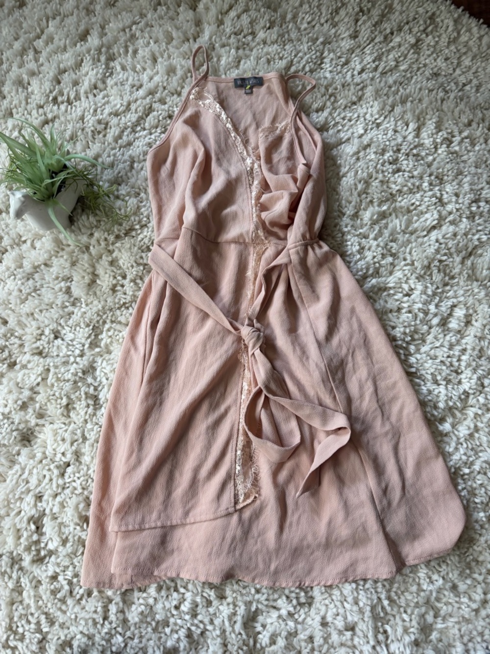 Blush Pink Lace-Trim Wrap Midi Dress with Self-Tie Waist